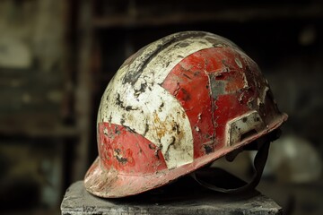 Wall Mural - Worn Red and White Hard Hat on a Dusty Surface