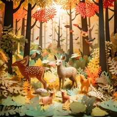 Wall Mural - Paper cutouts of a forest scene with deer and birds. AI.