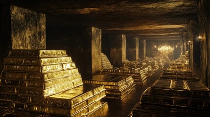 Poster - A vault filled with gold bars stacked in neat rows, their gleaming surfaces reflecting light, capturing the essence of wealth and security