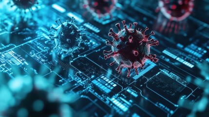 Poster - digital risk management concept with virus and data visualization in a futuristic cybersecurity envi