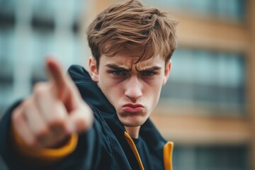 Young man with a fierce and angry expression, pointing his finger sharply at the camera in an outdoor setting, portraying strong emotion and assertion.