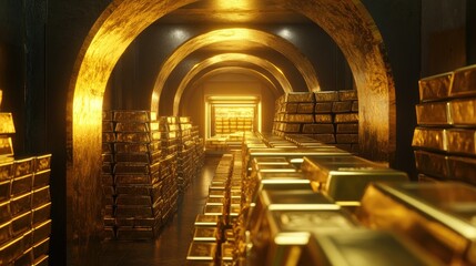 Wall Mural - A vault packed with shiny gold bars, the high-resolution rendering capturing the rich golden hue and luxury of the wealth stored inside