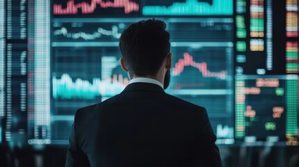 Poster - businessman analyzing financial data on multiple screens for risk management in modern office enviro