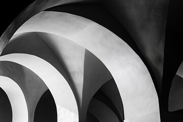 Aufkleber - Monochromatic imagery of architectural ceiling arches in black and white, capturing the dramatic interplay of light and shadow and highlighting the structure’s dynamic form.