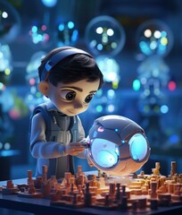 Poster - A young boy works on a futuristic project with a glowing sphere. AI.