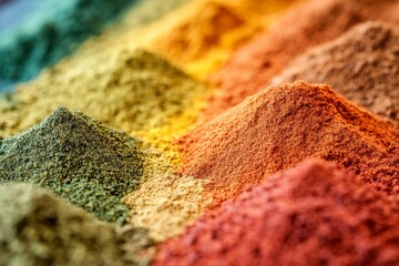 Poster - A vibrant array of colorful spices meticulously arranged in rows, showcasing different textures and hues that highlight culinary diversity and creativity.
