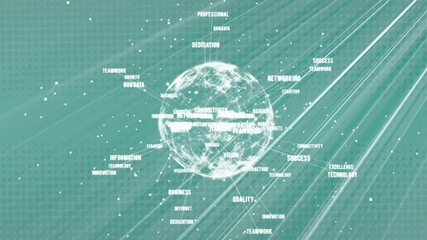 Poster - Animation of globe with network of connections with data processing on green background