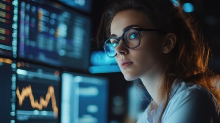 Poster - focused business professional analyzing data on multiple screens for effective risk management in a 