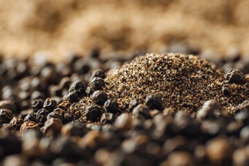Poster - An image capturing a heap of whole black peppercorns alongside ground pepper, illustrating the versatility and flavor depth of this widely used culinary seasoning.