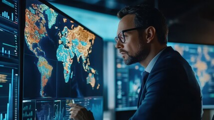 Poster - businessman analyzing global risk management data on multiple digital screens in modern office envir