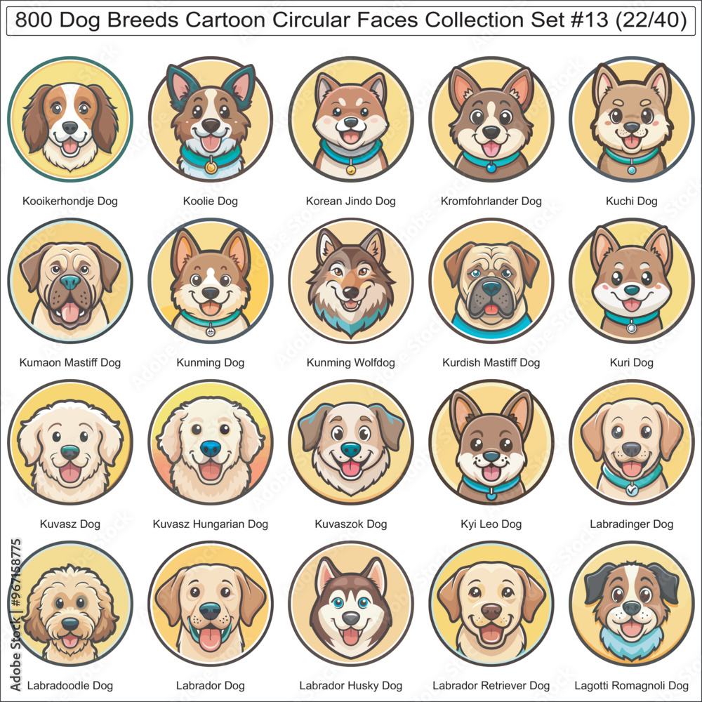 Dog Breeds Cartoon Circular Dog Faces Collection Set of 800 Dog Faces ...