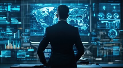 Poster - business professional analyzing global risk management data on digital screens in modern office
