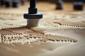 Poster - cnc machine crafting textured wooden piece, highlighting material s visual and tactile allure