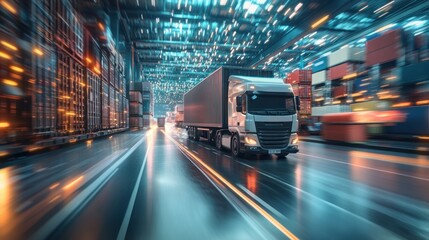 Wall Mural - A Semi-Truck Driving Through a Container Port at Night