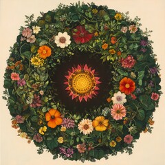 Poster - A vibrant circle of flowers and greenery, with a bright sun-like center.