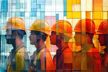 Wall Mural - Silhouettes of Construction Workers Reflected in a Colorful Glass Wall