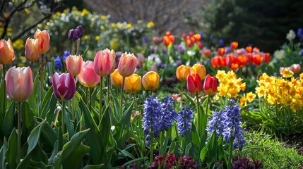 Canvas Print - A vibrant display of colorful tulips, hyacinths, and daffodils in a spring garden.