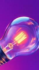 Poster - Close-up of a glowing light bulb on a vibrant purple background. Innovation and energy concept