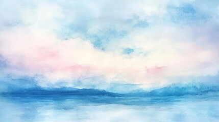 Poster - Serene watercolor landscape featuring soft blue hues and gentle clouds reflecting on calm water.