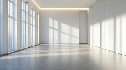 An open, empty room with modern fishbone flooring, minimalist white walls, and a single light source casting a soft glow, creating a serene environment