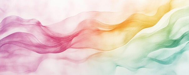 Poster - A soft and colorful wave of translucent fabric flowing gracefully, creating a tranquil and artistic atmosphere.