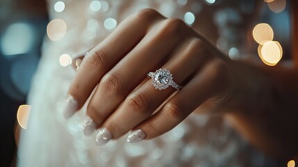 Brideaes hands with a festive French manicure holding a diamond ring, elegant and sparkling wedding setting