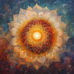 Poster - A vibrant, multi-layered mandala with glowing white center and radiating outwards in hues of gold, red, and blue against a dark starry background.