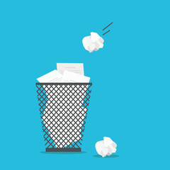 Paper in metal basket bin. Crumpled paper thrown in trash can. Overflowing waste paper in office garbage bin. Junk, wastepaper in rubbish. Vector illustration