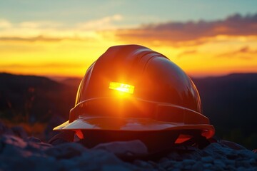 Wall Mural - Construction Helmet at Sunset with Glowing Light