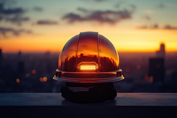 Poster - Hard Hat Silhouette Against a City Skyline at Sunset