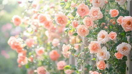 Poster - A wall covered in pink roses with sunlight filtering through the leaves.