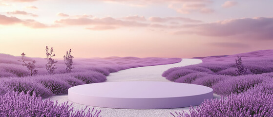 A serene lavender landscape at sunset with a winding path leading to a circular platform, evoking tranquility and beauty.