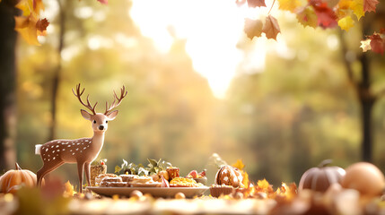 Family of deer with Thanksgiving dinner forest background