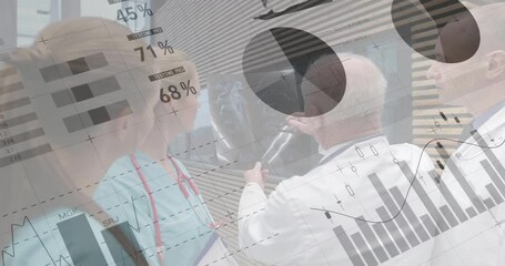 Wall Mural - Animation of statistics and data processing over diverse doctors