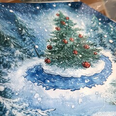 Wall Mural - A watercolor painting of a snow-covered winter forest with a lone Christmas tree adorned with red ornaments standing near a frozen river.