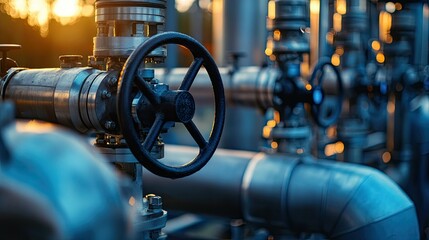 Close-up of refinery industrial equipment in a chemical plant, highlighting the intricate network of pipes and valves