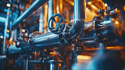 Close-up of refinery industrial equipment in a chemical plant, highlighting the intricate network of pipes and valves