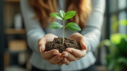 A person holds a small green plant, symbolizing growth and environmental care in a nurturing setting.