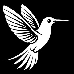 Wall Mural - Elegant white hummingbird silhouette in flight. isolated on a black background.