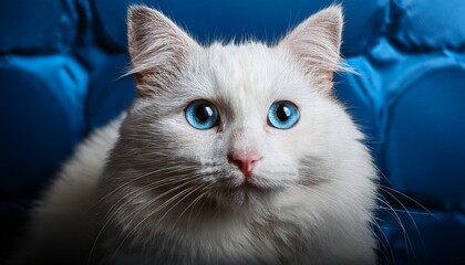 Wall Mural - white cat with captivating blue eyes, set against a black background, pet lovers, animal photography, or use in wildlife and domestic animal themes, beauty and elegance of the feline