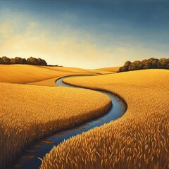 Canvas Print - A winding river flows through a golden field of wheat under a blue sky.