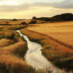 Wall Mural - A winding river flows through a golden wheat field at sunset.