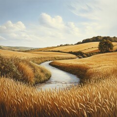 Wall Mural - A winding river flows through a field of golden wheat, with rolling hills and a blue sky with fluffy clouds in the background.