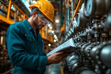 Wall Mural - Engineer operator repairs and inspect pipeline equipment in plant industry with technician.
