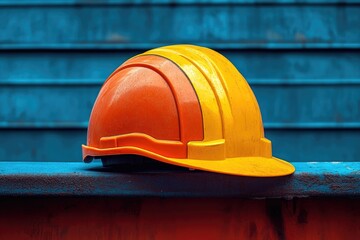 Canvas Print - Yellow and Orange Hard Hat Resting on a Blue Surface