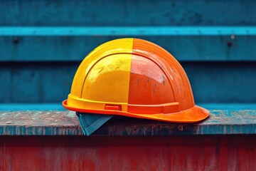 Canvas Print - A Yellow and Orange Hard Hat Resting on a Surface