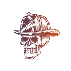 Wall Mural - Human skull in a fire helmet. Firefighter. Original vector illustration in vintage style isolated on white background. T-shirt design.