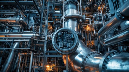 Close-up view of intricate industrial equipment and machinery at a chemical refinery plant, capturing the essence of industrial engineering