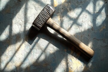 Poster - A Worn Wooden Hammer on a Cracked Grey Surface