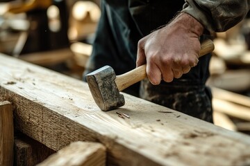 Wall Mural - A Carpenter's Hand Using a Hammer to Drive a Nail into a Piece of Wood